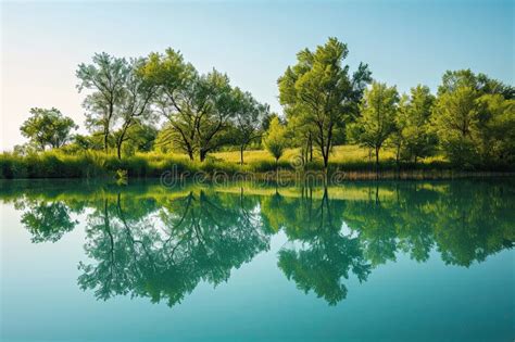 Sparkling Blue Green Lake Trees And Grasslands Reflecting In The Water