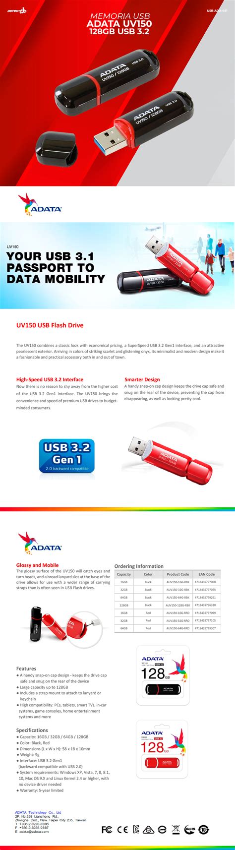 Memoria USB Adata DashDrive UV150 128GB USB 3 2 Negro AUV150 128G