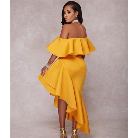 Women Sexy Flounce Off Shoulder Yellow Red Asymmetrical Dresses Club