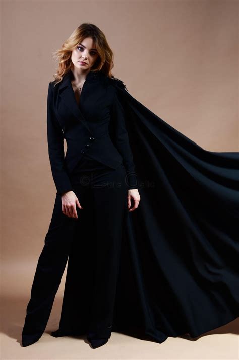 Cape Suit With Feathers, Lace and Beads, Black Suit for Women