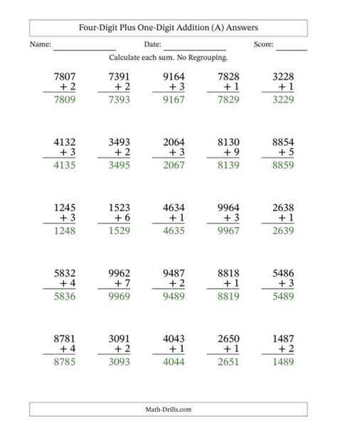Four Digit Plus One Digit Addition With No Regrouping 25 Questions A