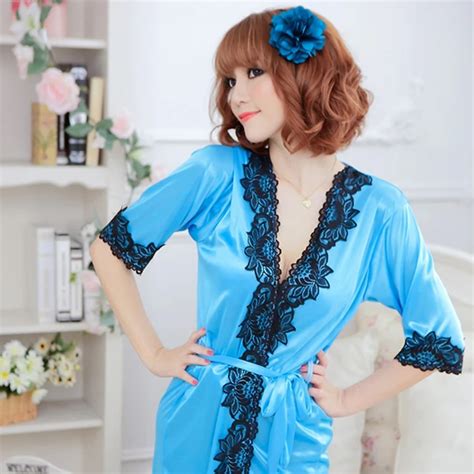 Cosy Spring Sexy Women Silk Robe Lingerie G String Nightgown Sleepwear