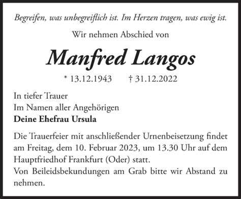 Traueranzeigen von Manfred Langos Märkische Onlinezeitung Trauerportal