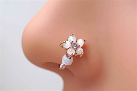 White Opal Flower Rose Gold Nose Hoop Nose Ring Daith Rook Cartilage