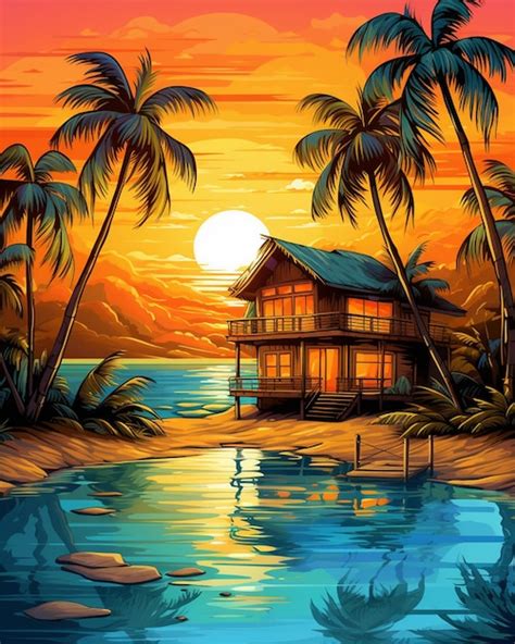 Una Pintura De Una Casa De Playa Con Palmeras Y El Sol En El Fondo