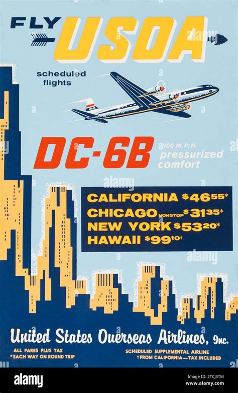 Fly USOA United States Overseas Airlines, DC-6B airplane (1950s) travel ...