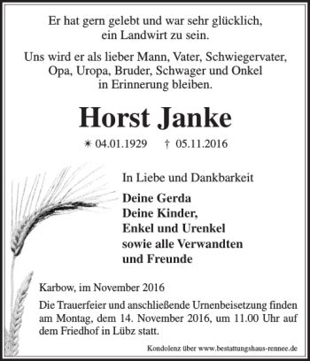 Traueranzeigen Von Horst Janke Trauer Nordkurier