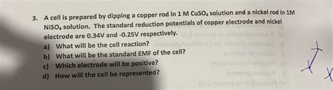 A Cell Is Prepared By Dipping A Copper Rod In M Cuso Solution And