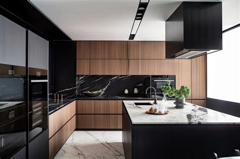 Premium Ai Image Woodpaneled Kitchen With Sleek Black Appliances And