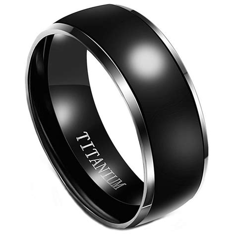 Arco Iris Jewelry Mens Titanium Wedding Ring 8mm Polished Black And Silver Color Wedding Band