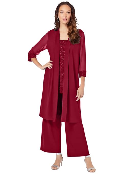 Roaman S Women S Plus Size Three Piece Lace Sequin Duster Pant Set