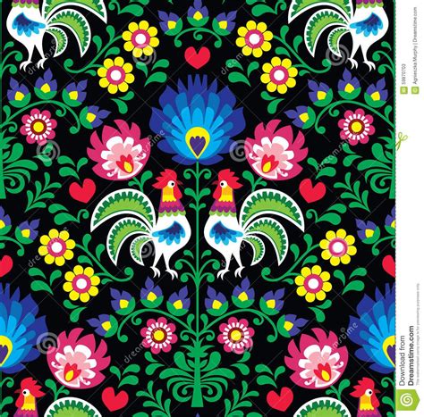 Seamless Polish Folk Art Pattern With Roosters Polish Folk Art