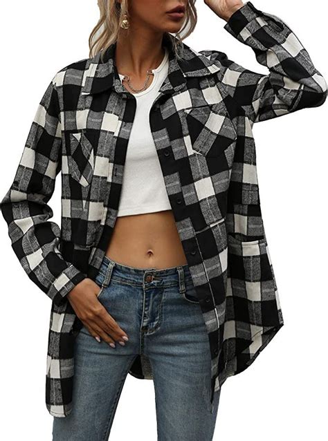 Yacun Women Long Button Down Shirt Roll Up Long Sleeve Casual Boyfriend Blouses Plaid Shirt