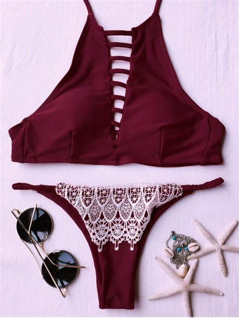 16 OFF 2021 Lace Spliced High Neck Padded Bikini Set In RED ZAFUL