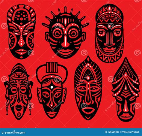 Ensemble De Masques Africains Tribals Sur Le Fond Rouge Illustration De