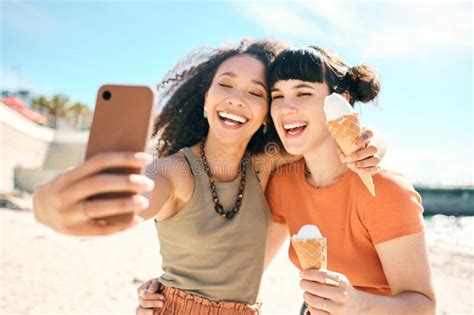 Summertime Selfies Two Attractive Young Girlfriends Taking Selfies