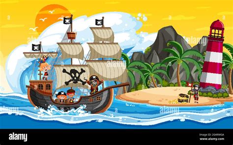 Island With Pirate Ship At Sunset Scene In Cartoon Style Illustration