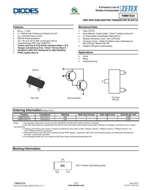 FMMT634 SOT23 NPN Silicon Power Darlington Transistor Datasheet