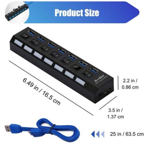 USB 3 0 Hub 7 Port On Off Switch High Speed Splitter AC Adapter Cable