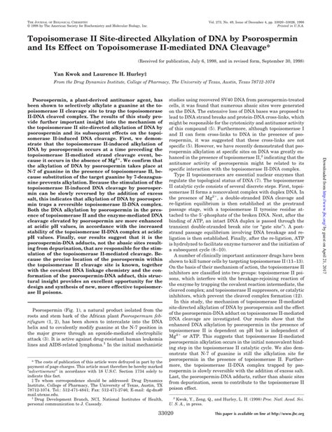 Pdf Topoisomerase Ii Site Directed Alkylation Of Dna By Psorospermin