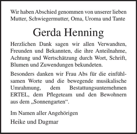 Traueranzeigen Von Gerda Henning Trauer Anzeigen De