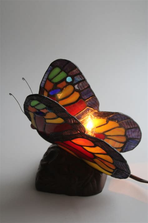 Vintage Stained Glass Butterfly Lamp Or Night Light Leaded Glass Rainbow Color Wings