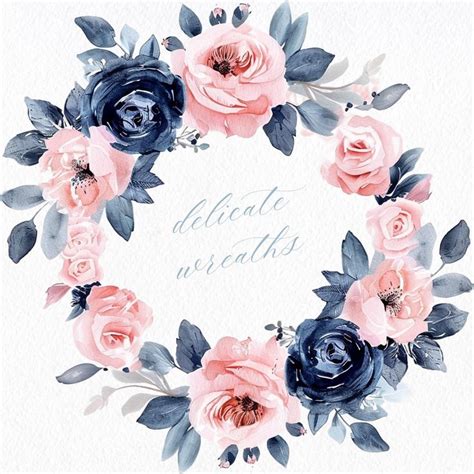 Navy And Blush Floral Clipart Watercolor Blue And Pink Flowers Blush