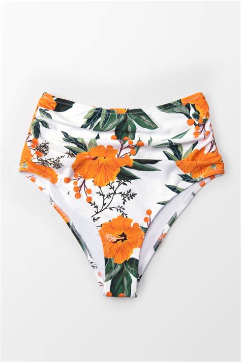 Orange Floral Shirring High Waisted Bikini Bottom Cupshe Australia