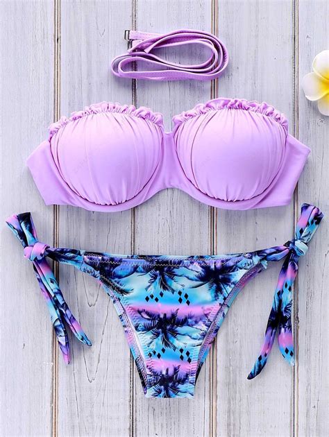 Coconut Palm Print Strapless Bikini Set Purple Bikinis Zaful