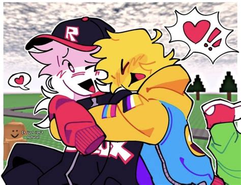 Two Cartoon Characters Hugging Each Other On A Field