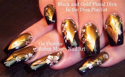 Nail Art By Robin Moses Gold And Black Flower Diva Nails Up Today