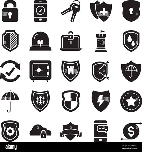 Keys And Shield Icon Set Over White Background Silhouette Vector