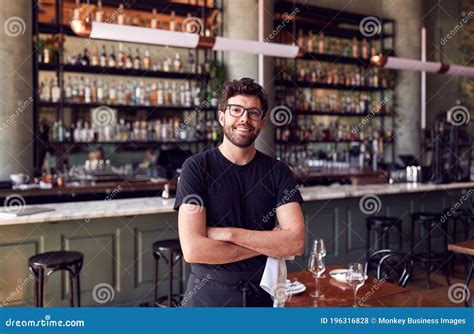 Portrait of Male Waiter Standing in Bar Restaurant before Service Stock ...