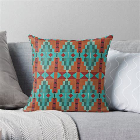 Bright Orange Red Aqua Turquoise Teal Tribal Pattern Throw Pillow For