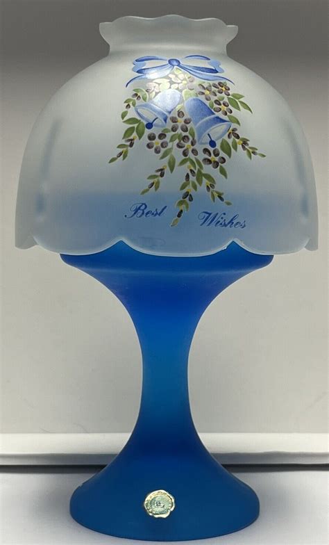 Vintage Westmoreland Fairy Lamp Hand Painted Best Wishes Blue Satin Glass Ebay