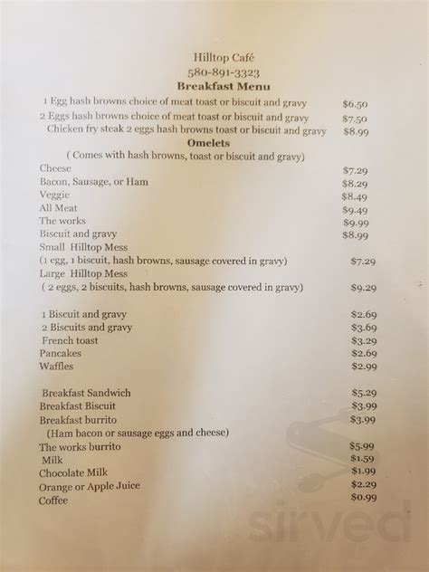 Hilltop Cafe Menu In Oakwood Oklahoma Usa