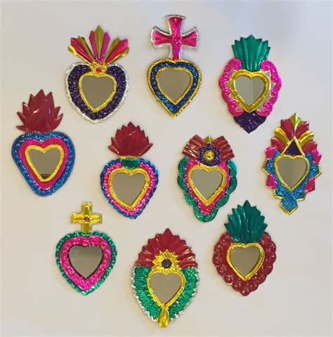 Tin Sacred Hearts with Mirror Ornaments, Colored, S/10 | Christmas ...