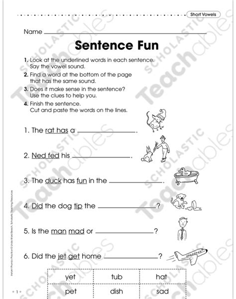 Short Vowels Sentence Fun Printable Skills Sheets Cut And Pastes