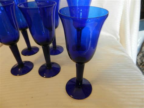 Vintage Set Of 6 Cobalt Blue Crystal Stem Wine Glasses 7625 Tall Cobalt