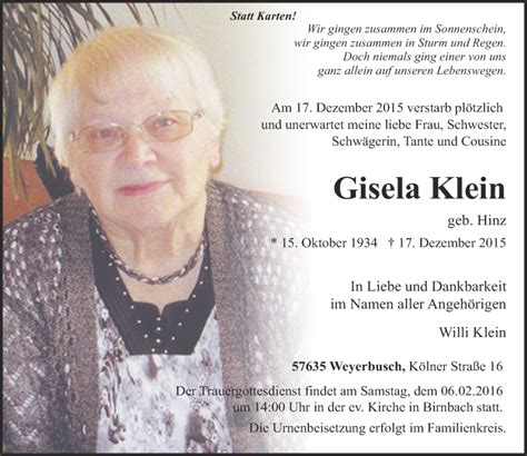 Traueranzeigen Von Gisela Klein Rz Trauer De