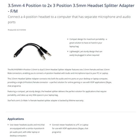 Startech MUYHSFMM 3 5mm 4 Position To 2x 3 Position 3 5mm Headset