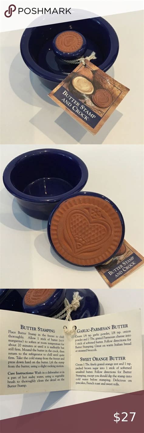 Butter Stamp Press Ceramic Crock Indigo Cobalt Blue Country Hearts