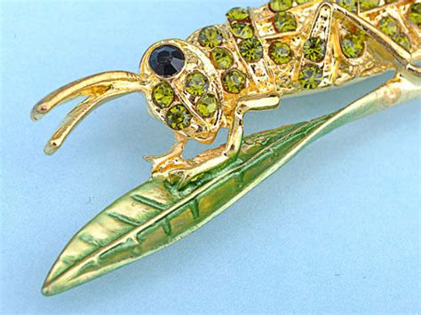 Fashion Golden Green Diamante Rhinestone Leaf Grasshopper Locust Pin