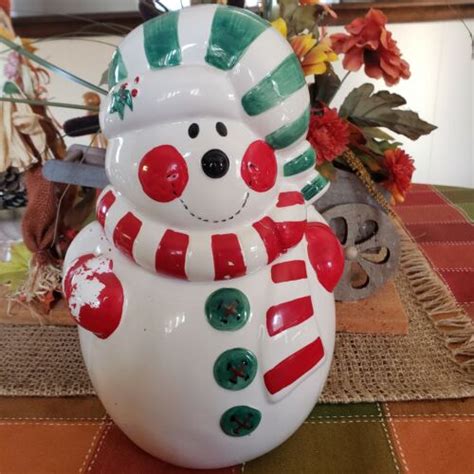 Vintage Ceramic Snowman Christmas Cookie Jar Red Green Ebay