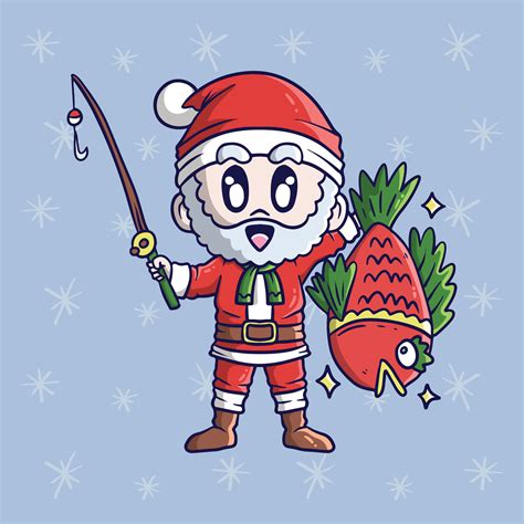 Cartoon vector illustration of Cute Santa Claus fishing and got big fish. Santa Claus mascot ...