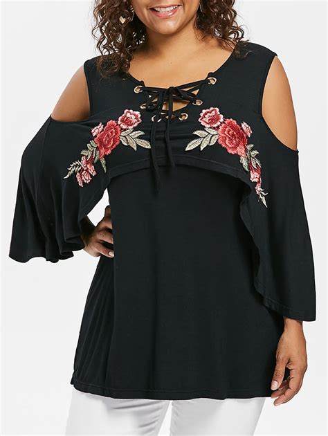 Rosegal Plus Size Cold Shoulder Embroidery Lace Up Overlay T Shirt Women Tops Casual O Neck Long