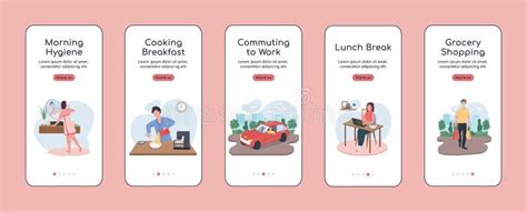 Daily Routine Onboarding Mobile App Screen Flat Vector Template Stock