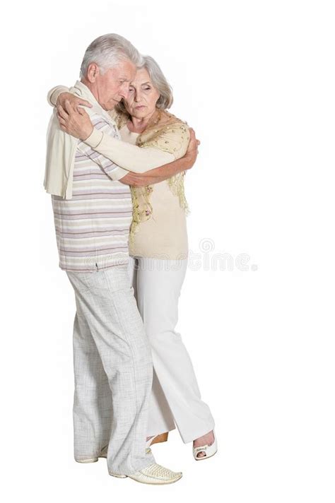 Portrait Senior Couple Hugging Isolated White Background Full Length