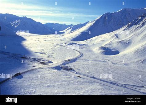 Vehicle Driving Atigun Pass Brooks Range Arctic Ak Winter Scenic