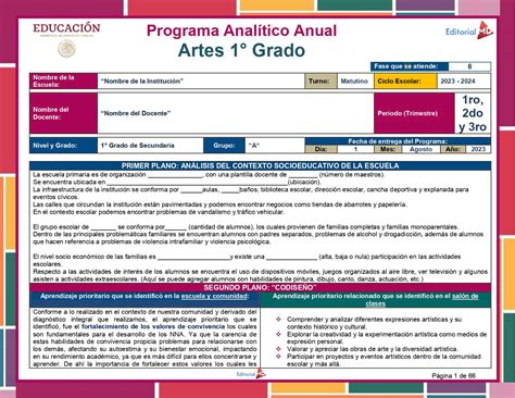 Programa Analítico ARTES 1 2 y 3 Grado Secundaria 2023